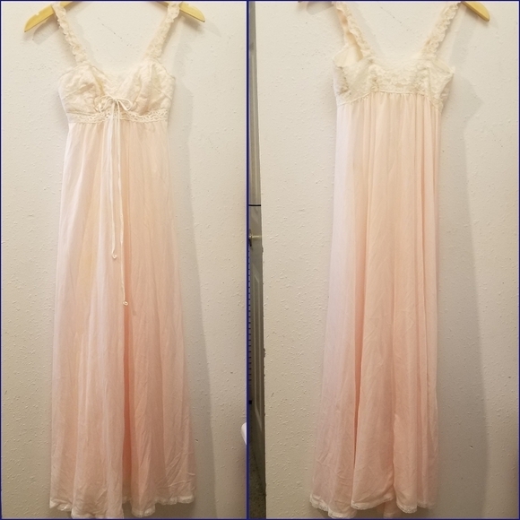 {S} VINTAGE Olga Sleeping Pretty Peachy Pink Lace Maxi Nightgown - Picture 1 of 15